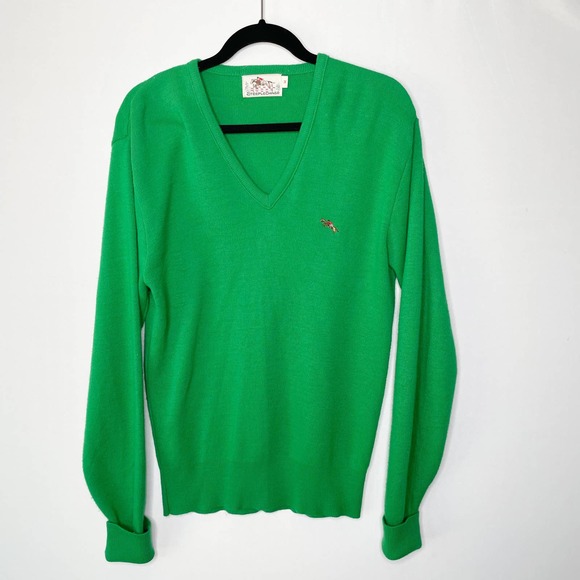 Vintage Sweaters - Vintage Size M Steeplechase Pony Logo Kelly Green V-Neck Knit Sweater Unisex